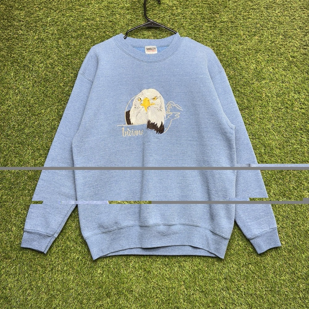 Vintage Indiana Sweatshirt Mens Large Embroidered Bald Eagle Blue Crewneck 90s